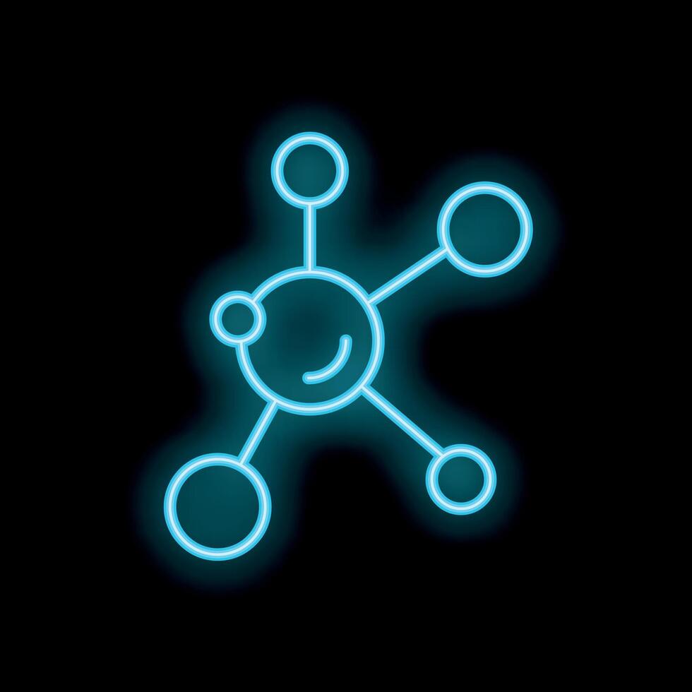 Neon style icon showing molecule structure connecting circles on black background vector