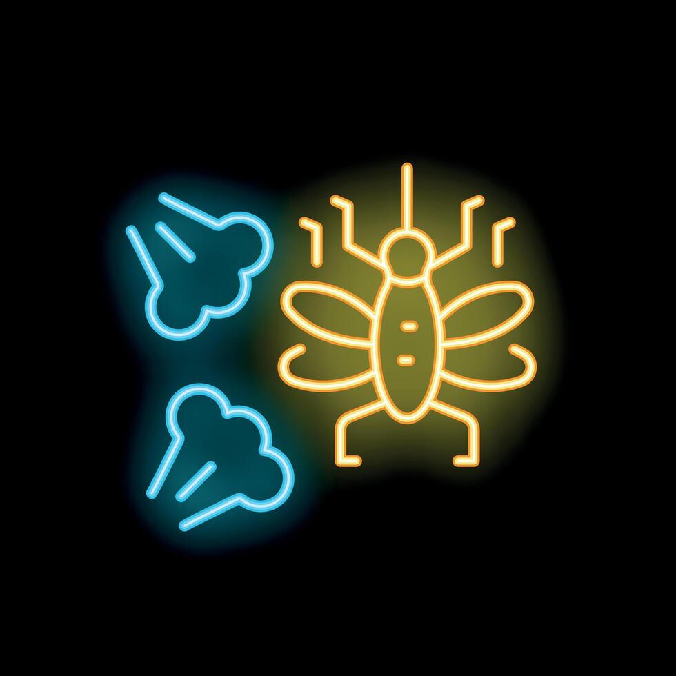 Glowing neon line icon of mosquito spreading virus with smell spreading around vector