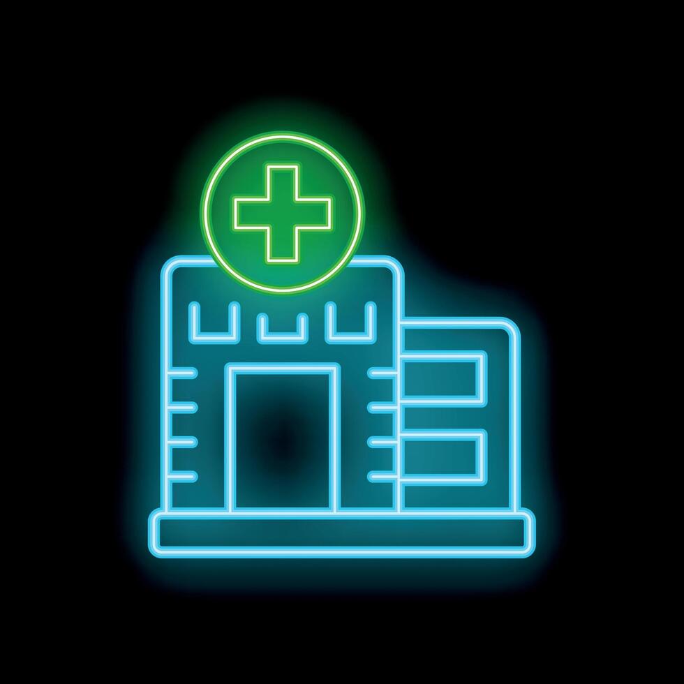 Neon sign representing a modern hospital building with a green cross vector