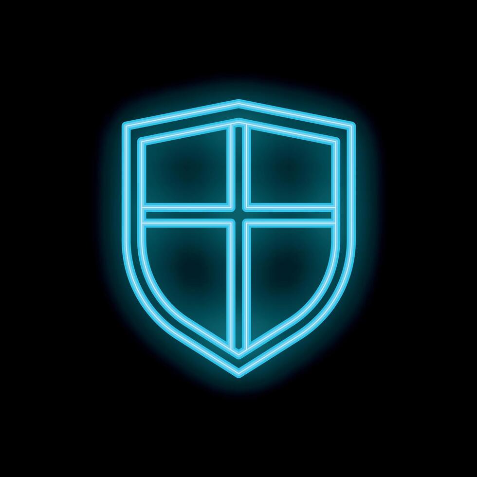 Blue neon shield glowing on black background vector