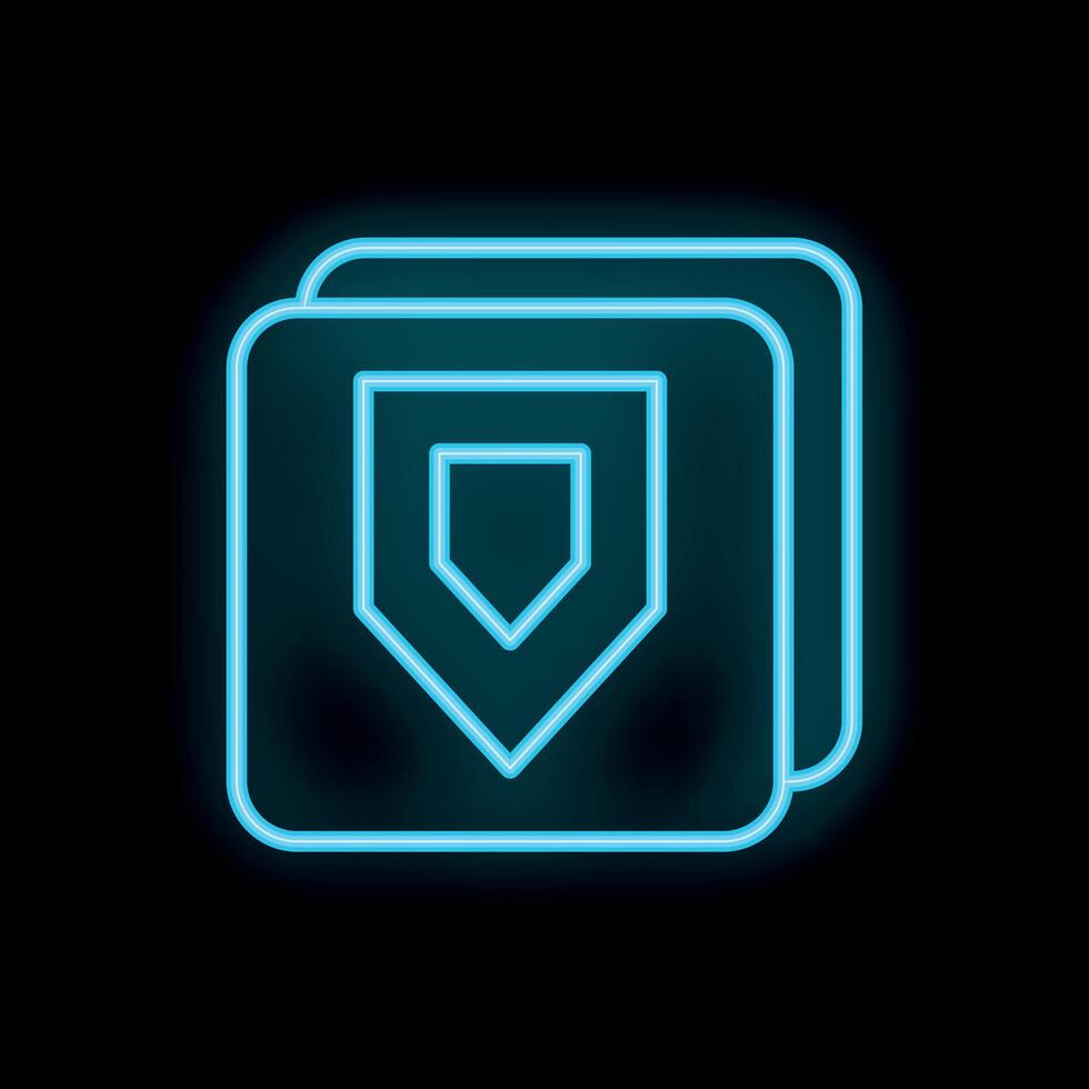 Neon blue shield icon glowing on black background vector