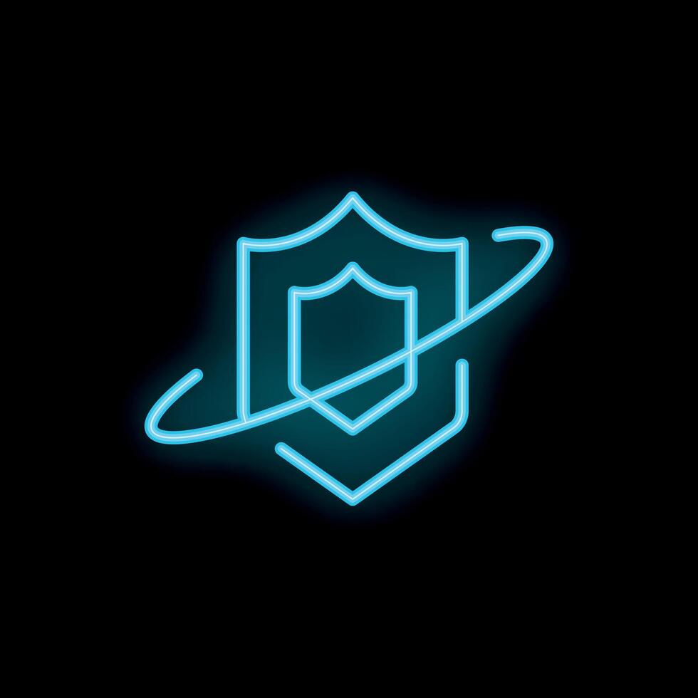 Neon blue shield orbiting around protection concept on black background vector