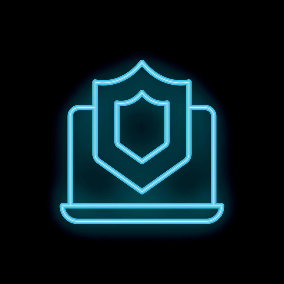 Neon icon of shield protecting laptop for cyber security concept vector