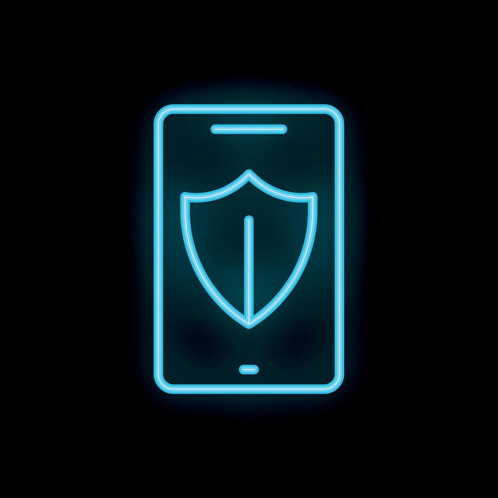 Neon blue shield protecting smartphone screen on black background vector