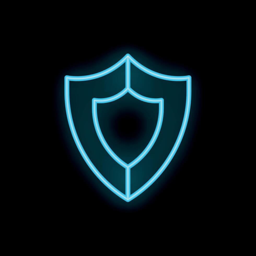 Blue neon shield glowing on black background symbolizing protection vector