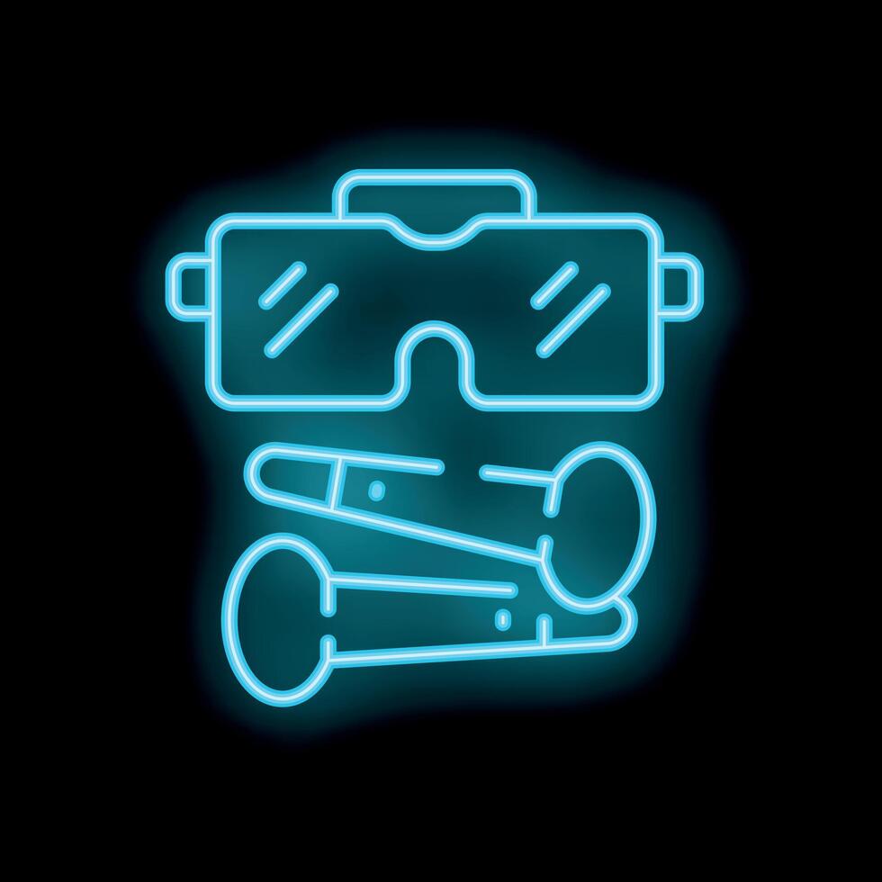 Neon sign representing virtual reality gaming with headset and controllers vector
