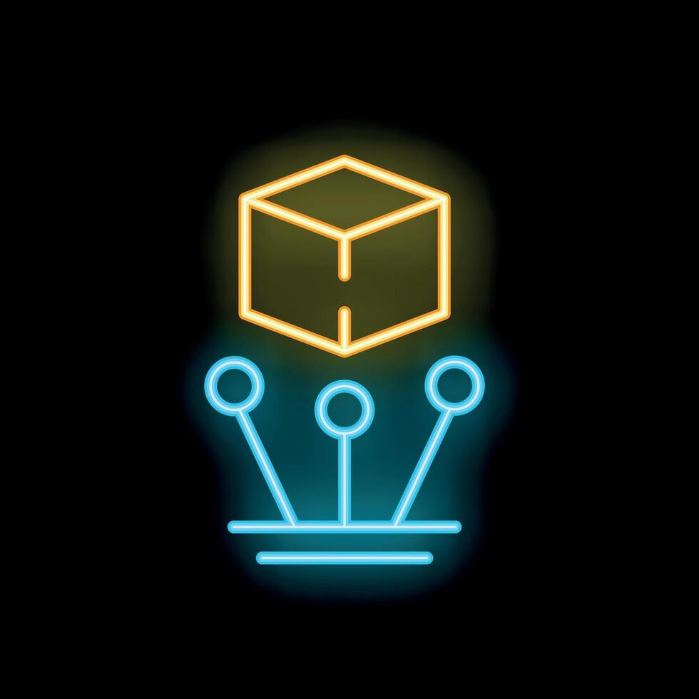 Neon sign representing blockchain technology connecting with cube symbolising block vector