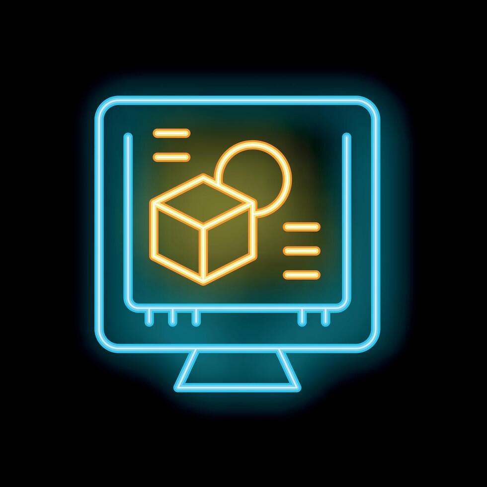 neón icono de computadora mostrando 3d modelado software interfaz vector