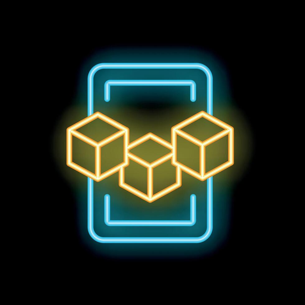 Neon icon of smartphone showing blockchain technology vector