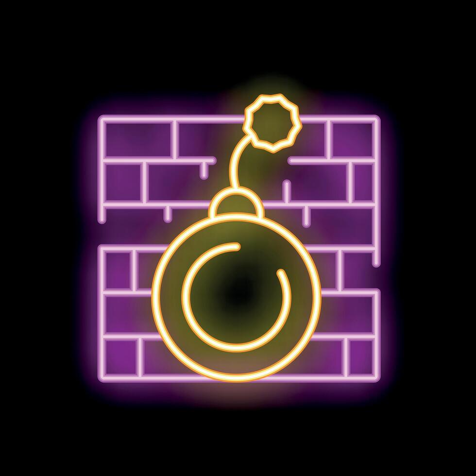 Neon bomb hanging from a brick wall icon vector