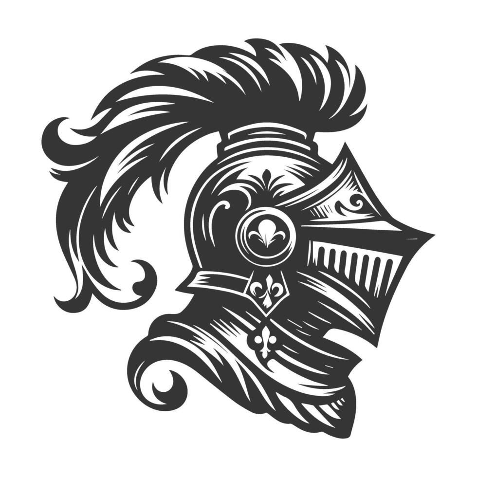 A black and white illustration of a knight helmet vector
