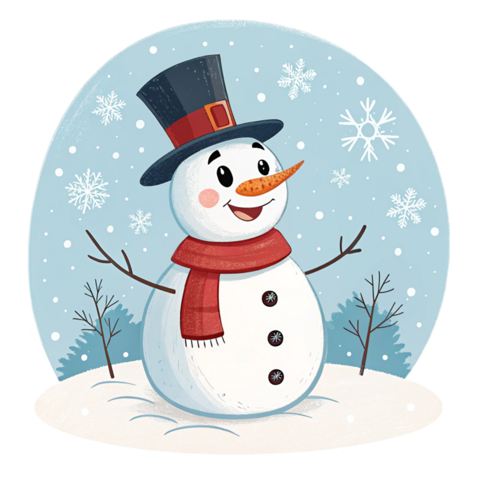 Cheerful Snowman With A Top Hat And Carrot Nose Illustration png