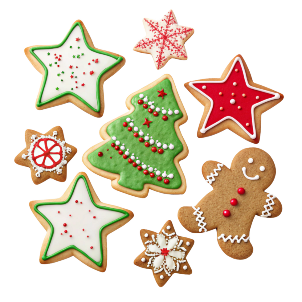 Variety of Christmas Themed Cookies with Festive Decorations Holiday Baking Collection png