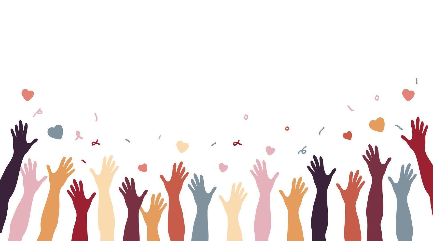 Raised hands of volunteer group, colorful banner. vector