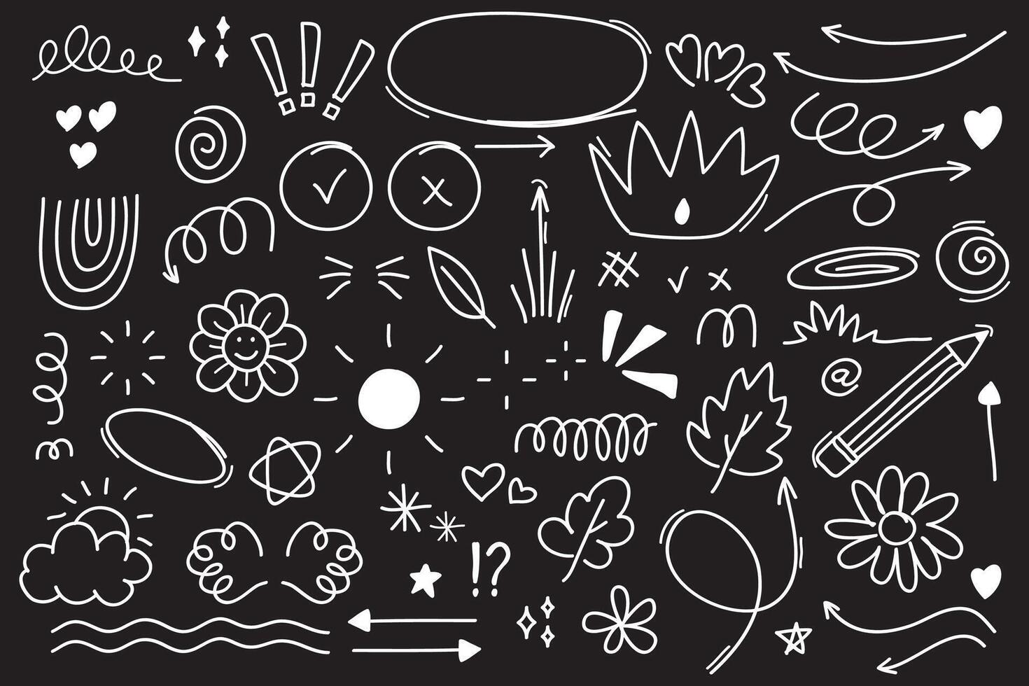 Set of cute pen line doodle element isolated on black background vector