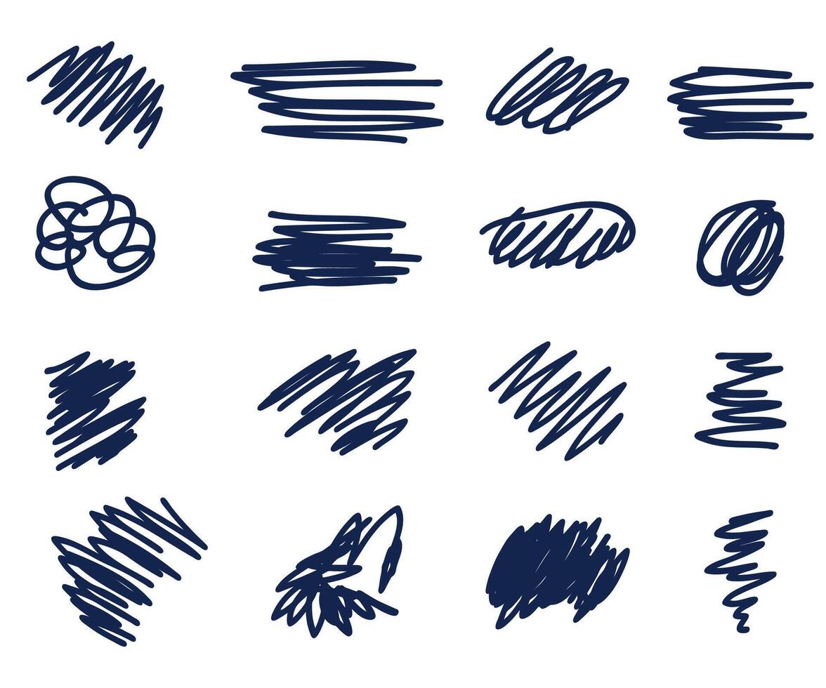 Abstract blue pen sketch random scribbles set isolated on white background hand- drawn. illustration vector