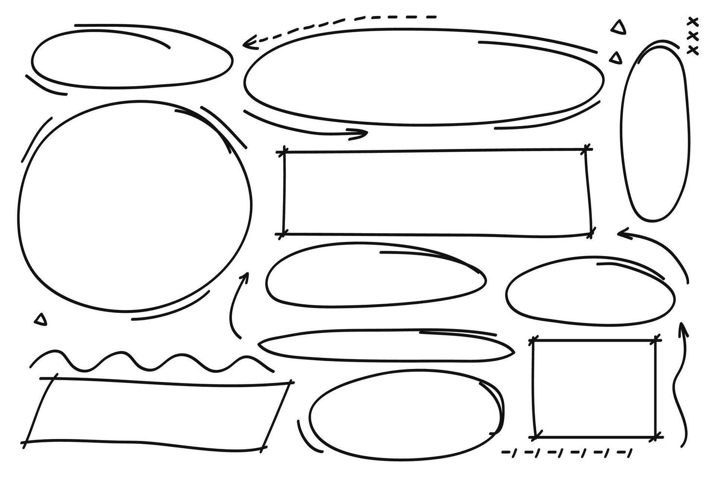 Hand drawn doodle style collection of circles,arrows,rectangle,wave and shape collection. illustration vector