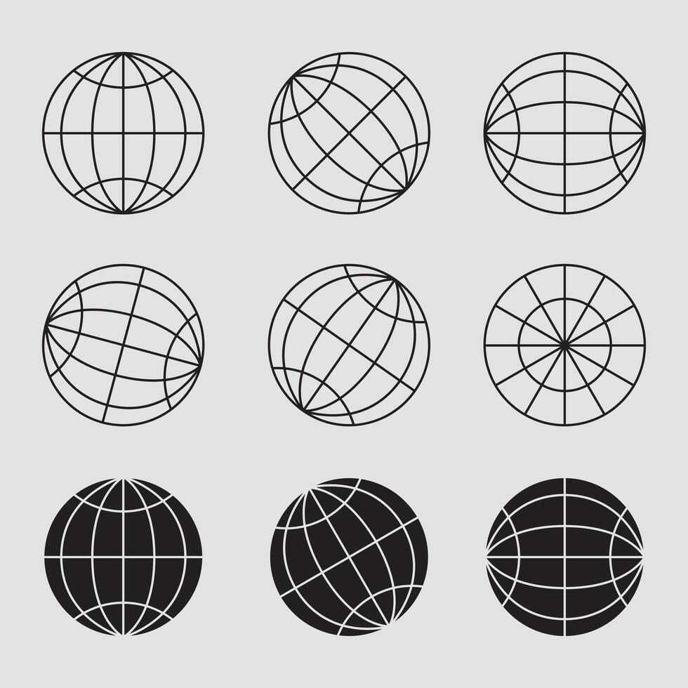 Planet earth icon set.Set of spheres from different sides. Globe line and glyph shape vector