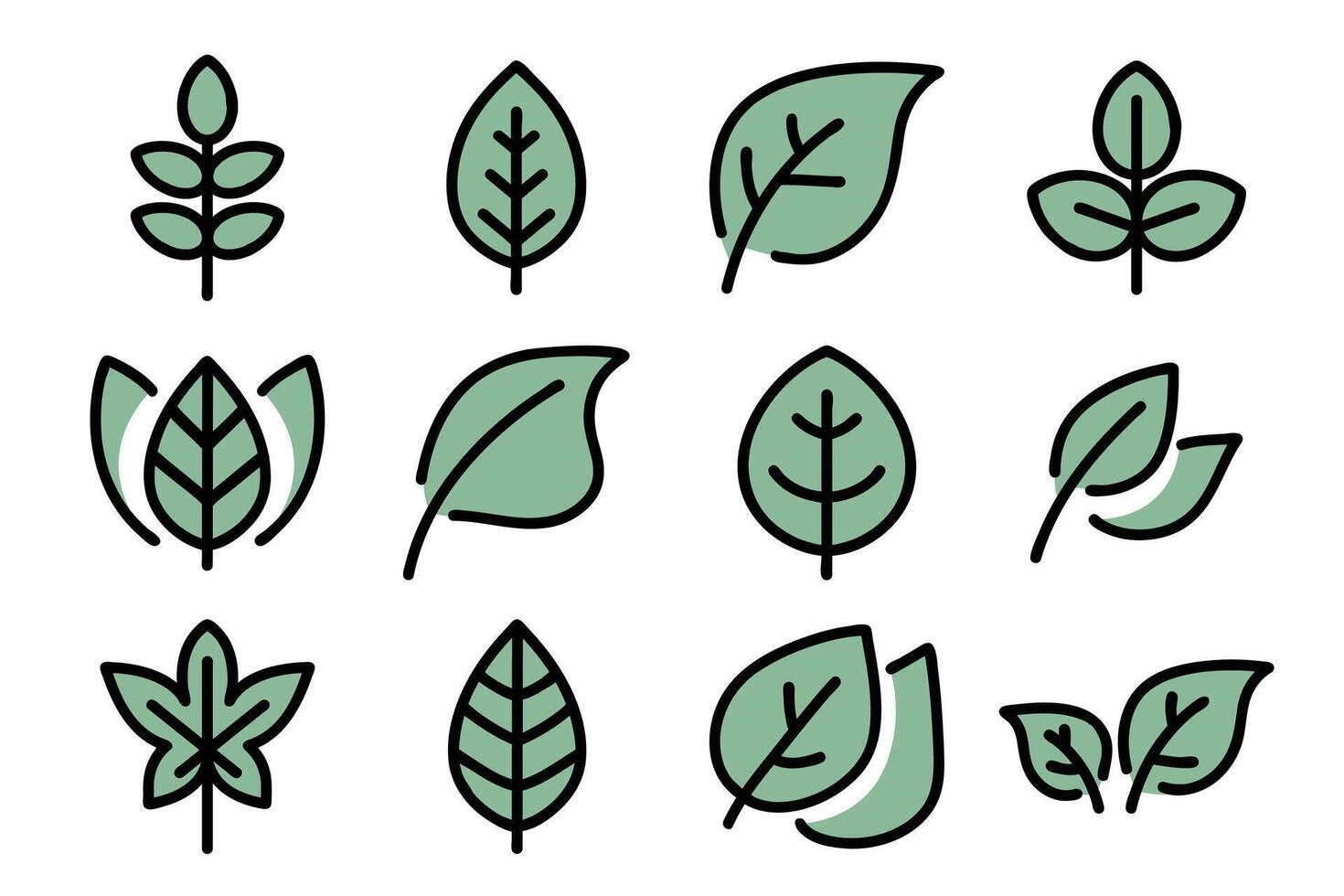Leaves and branch filled outline icons set. illustration vector