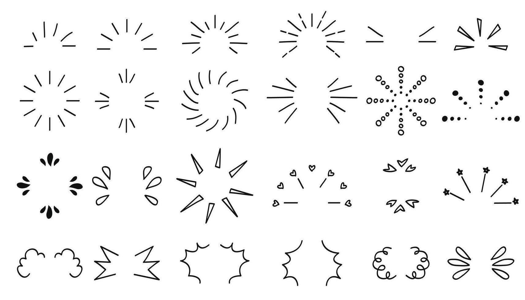 Doodle line sparkles and rays. Hand- drawn explosion lines confetti, sun burst, decorative effect surprise elements. Sketch comic celebrating splash and sign. vector