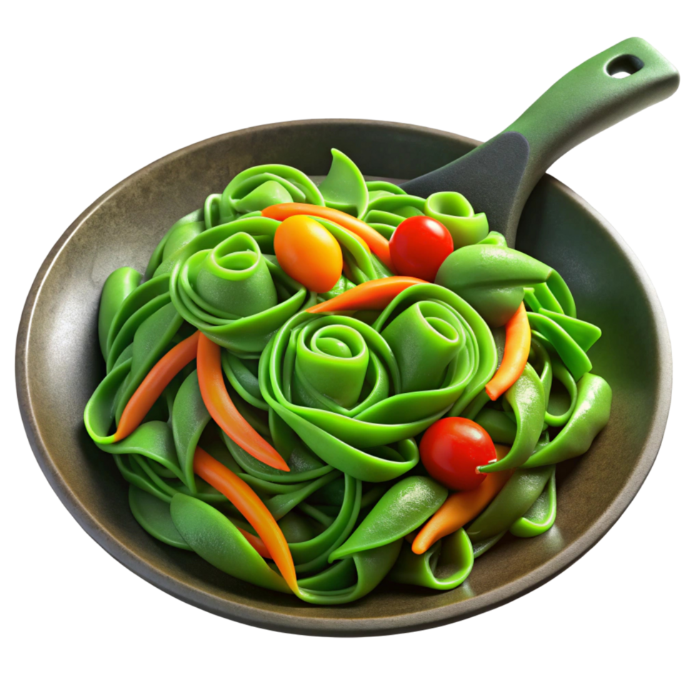 Green Noodles With Tomatoes and Peppers in a Pan png