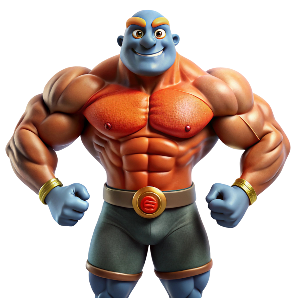 Powerful cartoon bodybuilder, strong muscleman character for animation, game, or mascot design. Ideal for fitness, health, and strength themed projects, adding a vibrant and playful touch. png