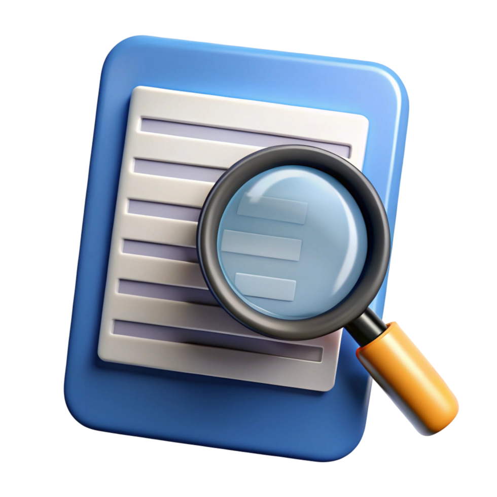 3D Render of Magnifying Glass Examining Document Icon for Website and App Design, User Interface, and Digital Marketing Materials png