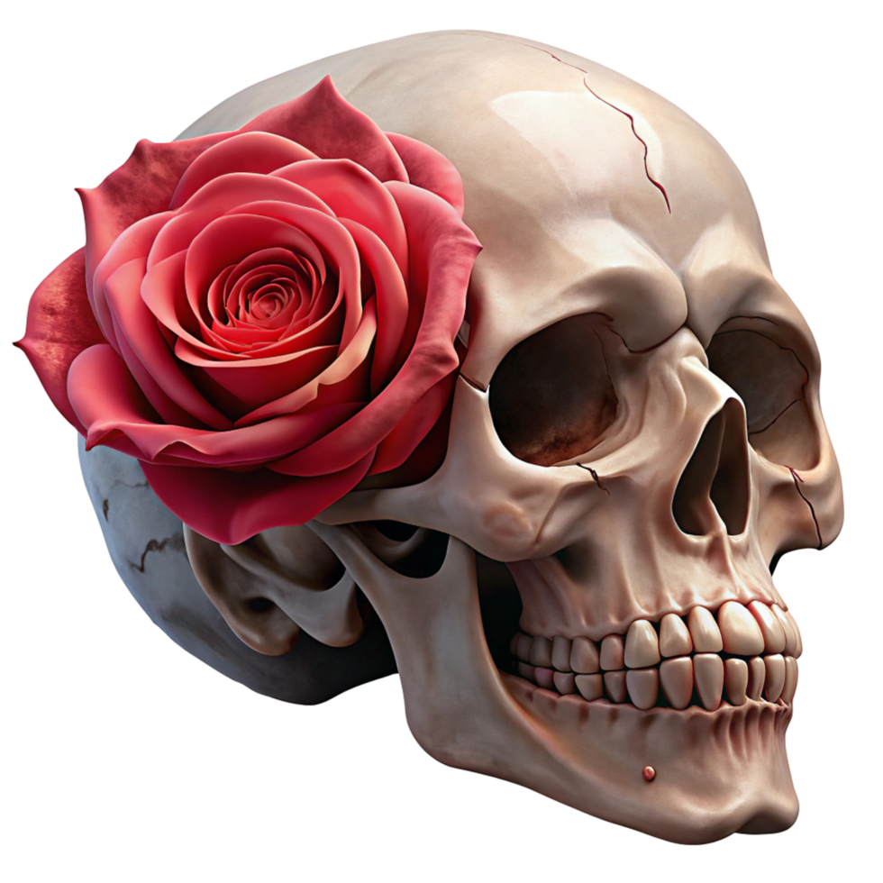 A Stunning 3D Render of a Skull Adorned with a Crimson Rose Perfect for Gothic, Vintage, or Day of the Dead Designs png