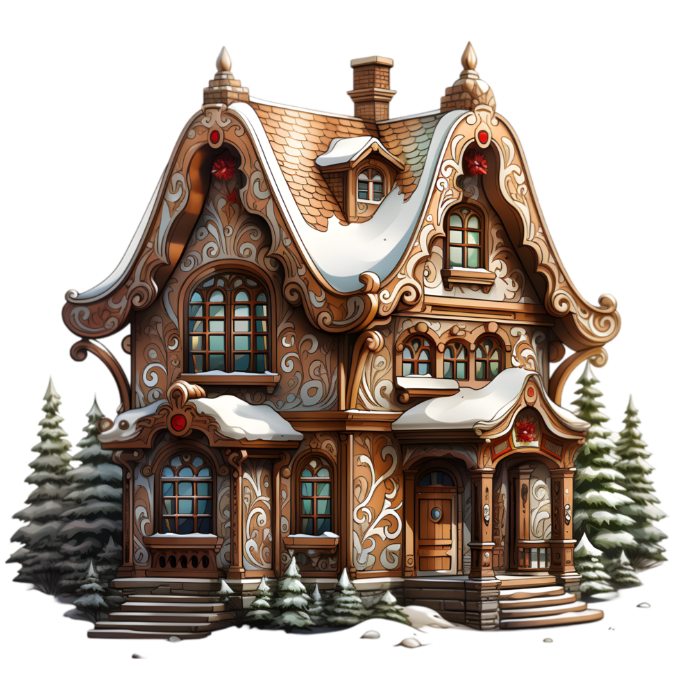 Ornate gingerbread house with snow png