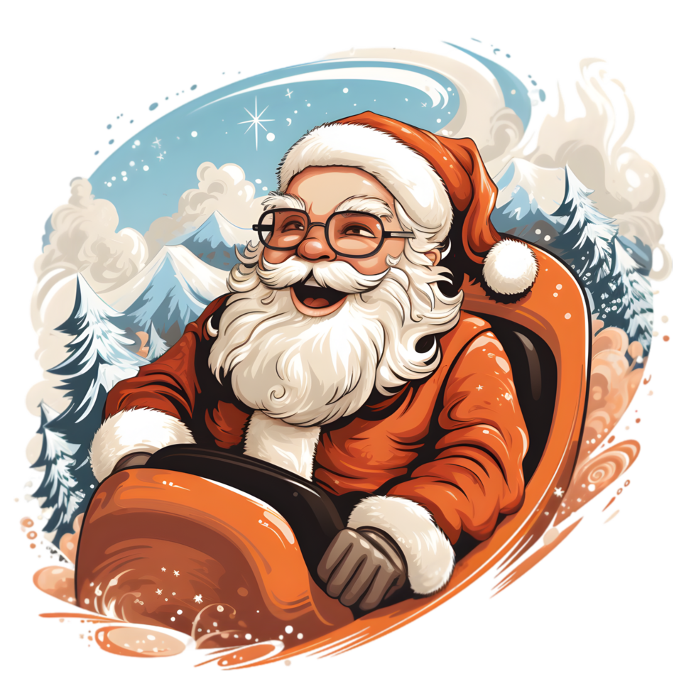 Jolly Santa Claus Sledding Down a Snowy Mountain png