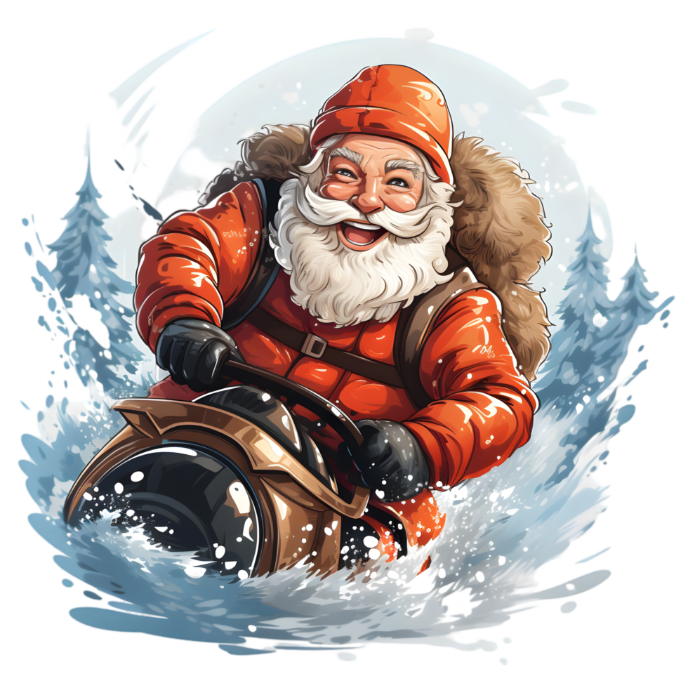 Jolly Santa Claus Riding a Snowmobile Through a png