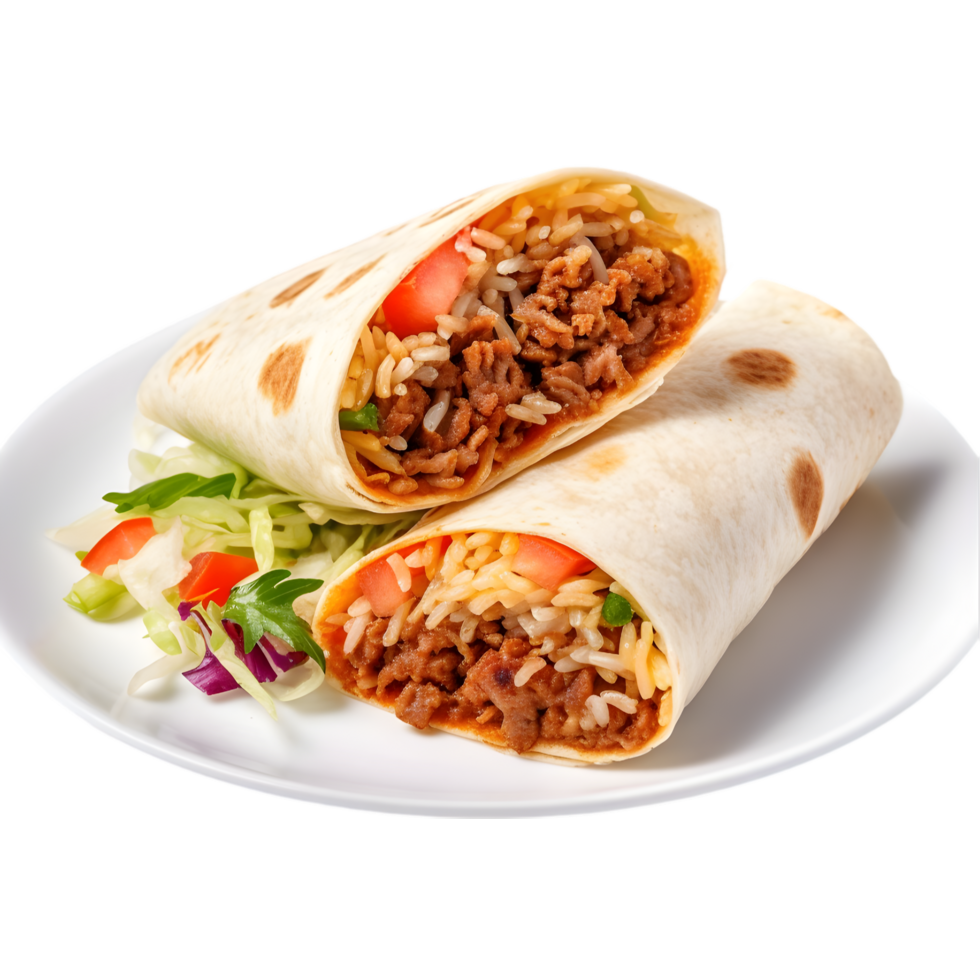 Delicious Beef Burritos with Rice and Salad on a Transparent Background png