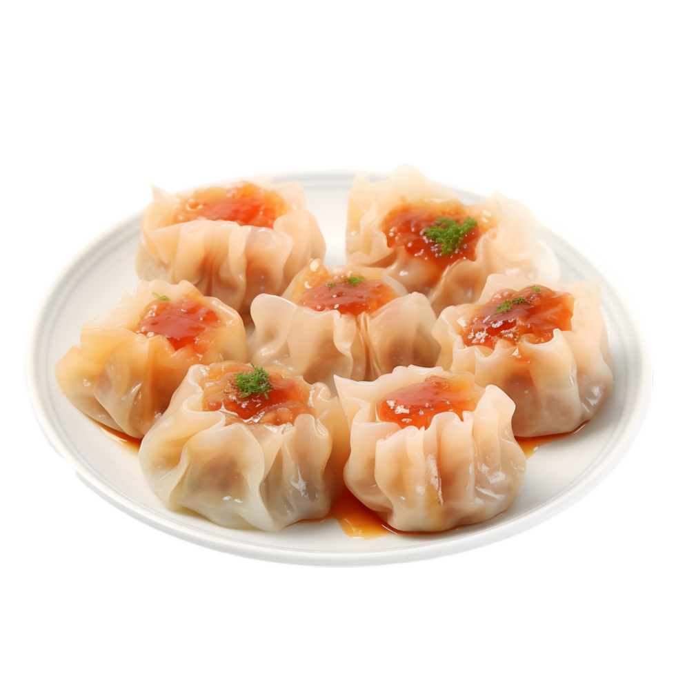 Delicious Shumai Dumplings with Spicy Sauce on Transparent Background png