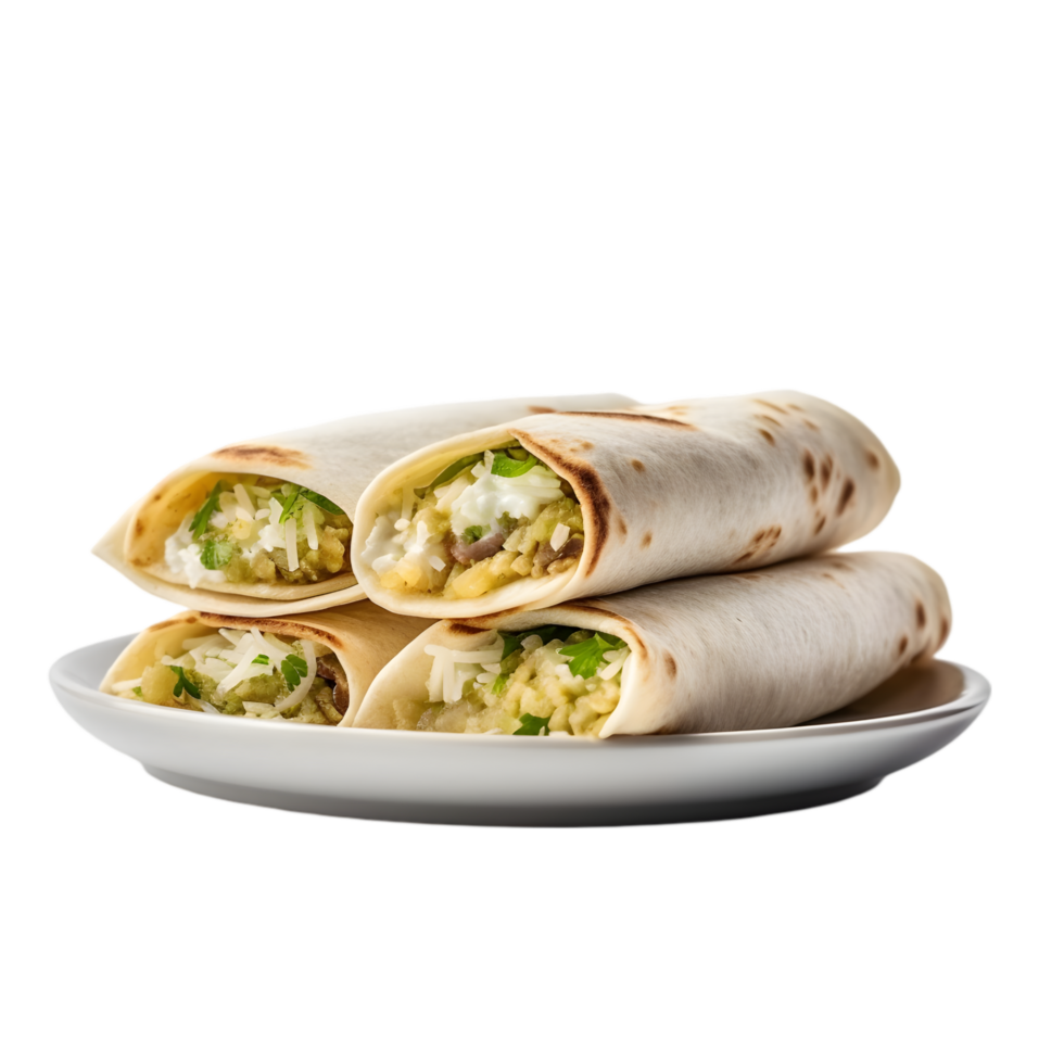 Delicious Stack of Three Chicken Burritos with Transparent Background png