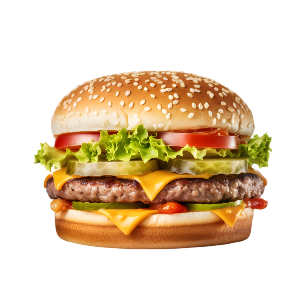 Juicy Cheeseburger with Sesame Seed Bun Lettuce transparent background png