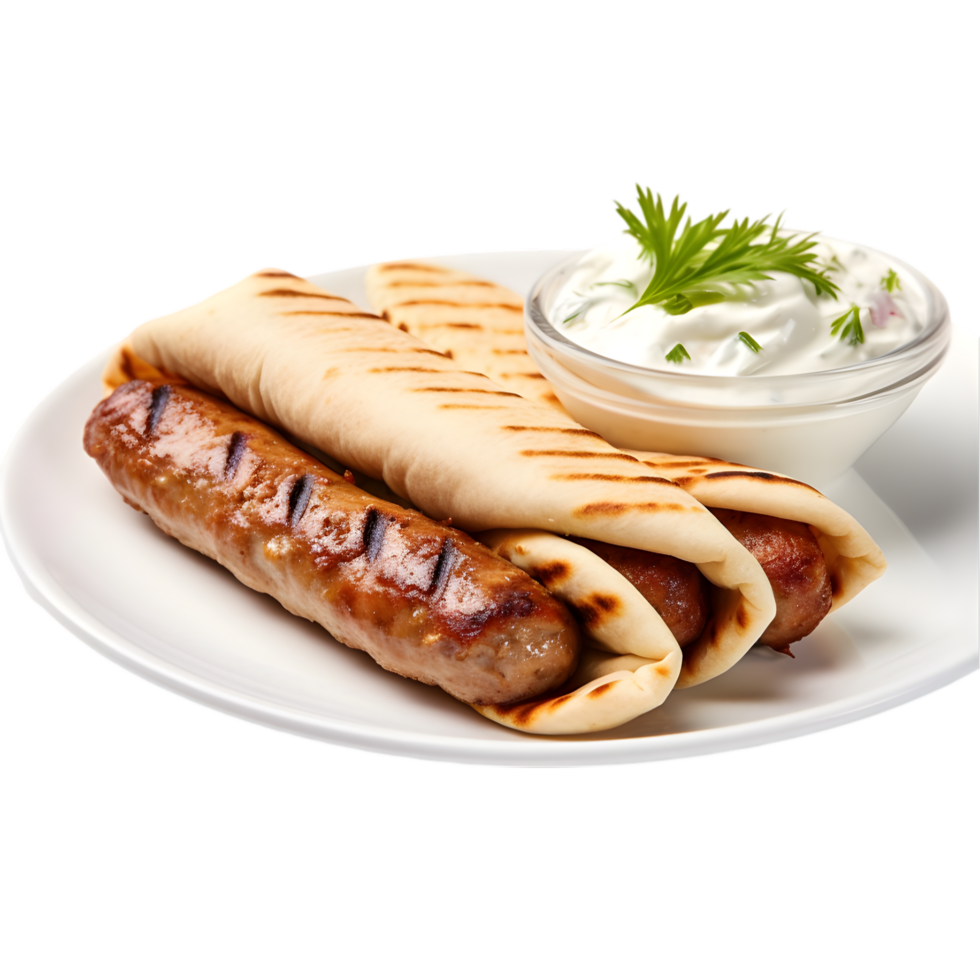 Grilled Sausages in Pita Bread with Yogurt Dip png