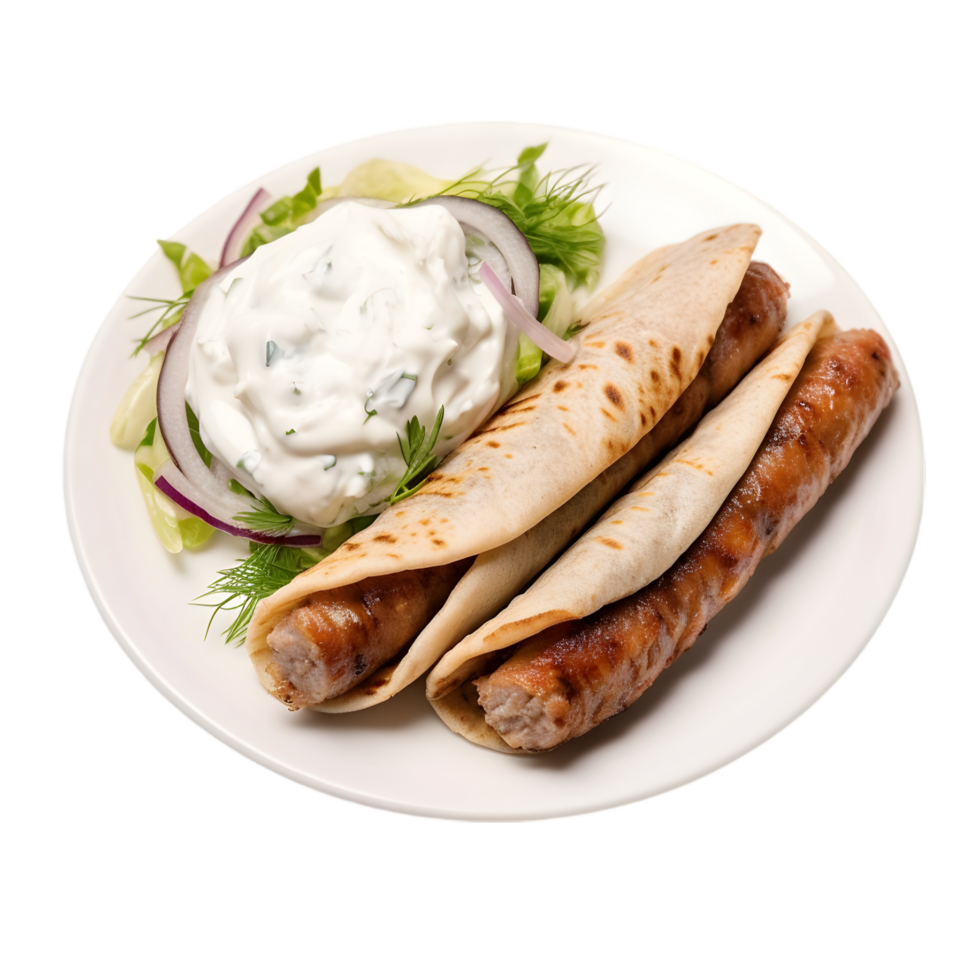 Grilled Sausages in Flatbreads with Tzatziki and png