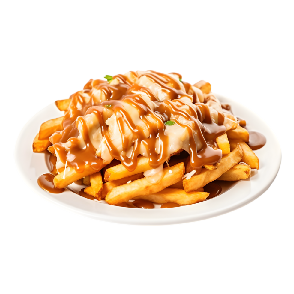 Delicious Poutine with Cheese Curds and Gravy on transparent background png