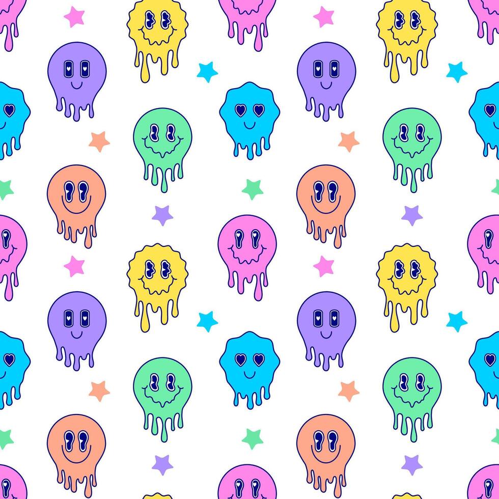 Seamless pattern with colorful melting emoticons on white background. vector