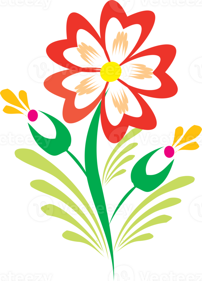 Bright and colorful flower illustration featuring red bloom with yellow and green accents, perfect for adding cheerful touch to any design png