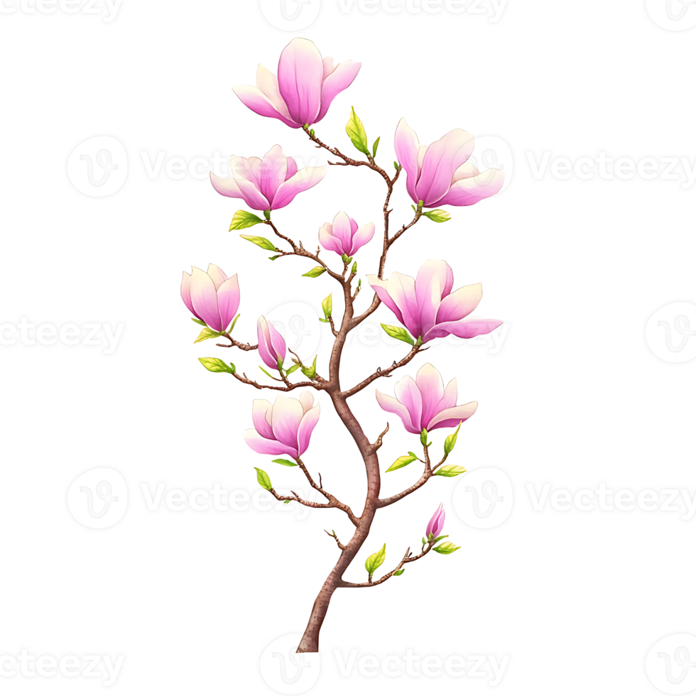 beautiful magnolia branch with pink flowers and green leaves, symbolizing spring and renewal. Perfect for floral designs and nature themes png