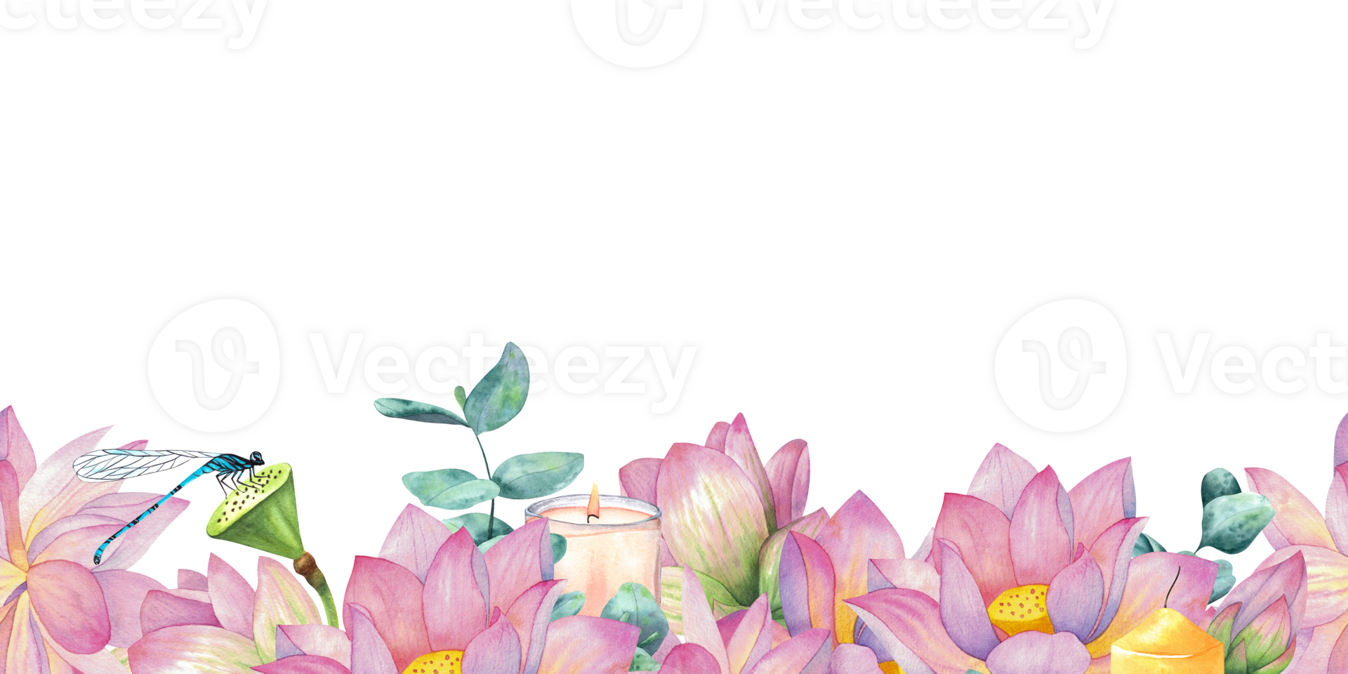Pink lotuses, buds and flowers, eucalyptus branches, candles and insects. Seamless pattern, border. Watercolor illustration isolated on background. Blank For design, decor and printing png