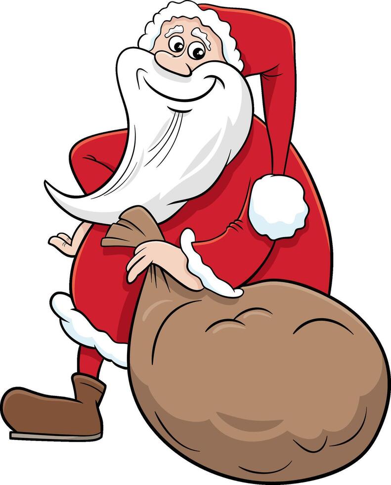 cartoon Santa Claus Christmas character with sack of presents vector