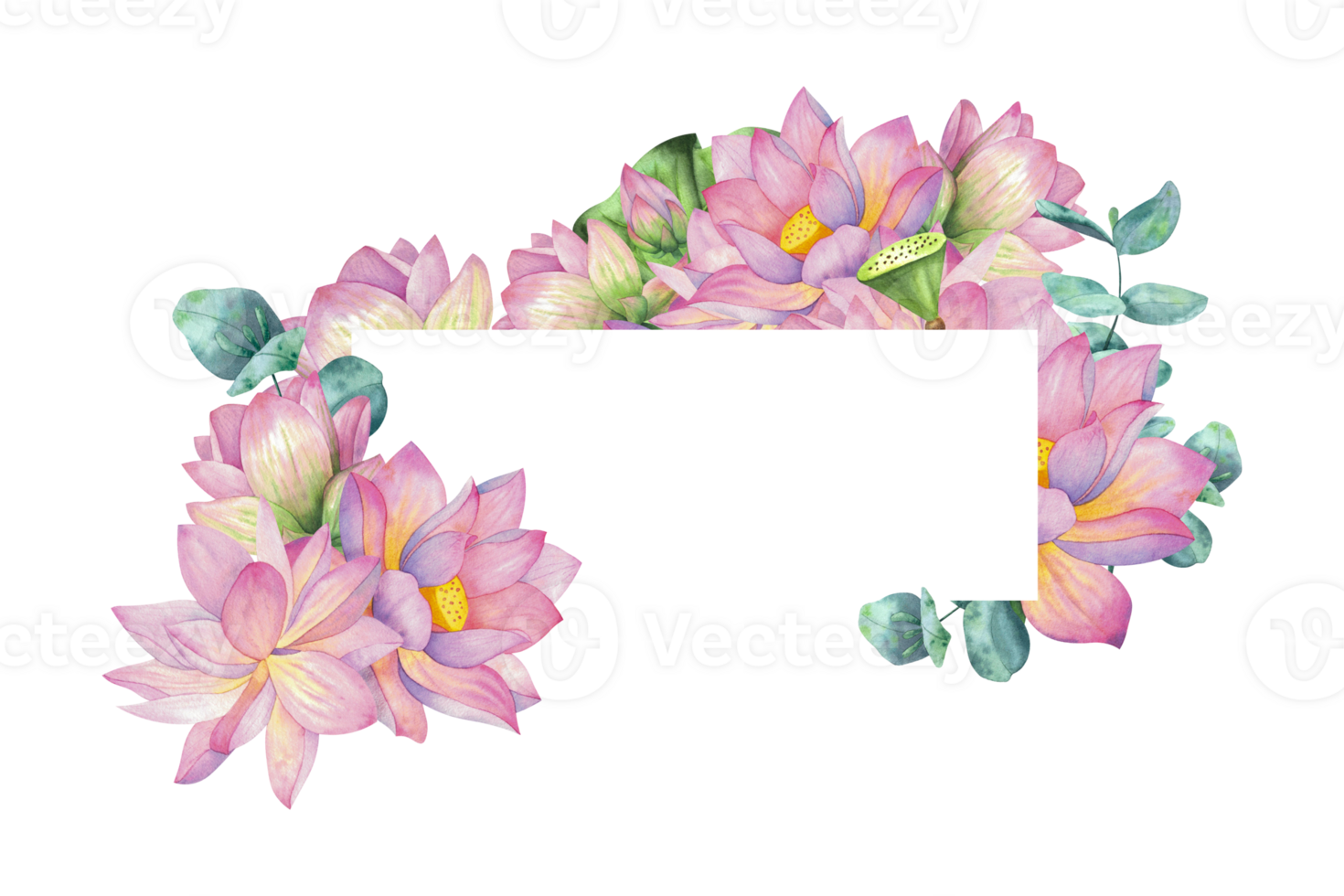 Pink blooming lotuses, buds, eucalyptus branches. Rectangular frame isolated on background. Hand drawn watercolor illustration. For design, decor, postcards, typography, menu, souvenirs png