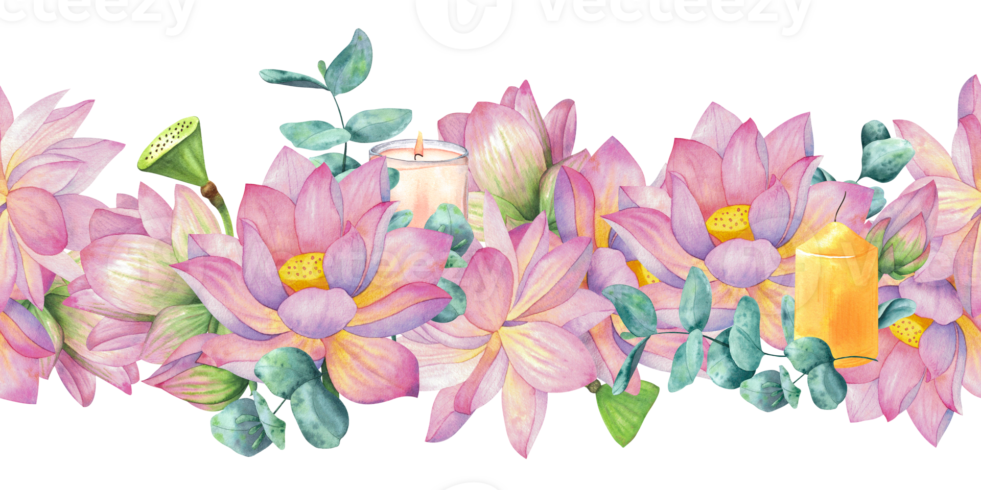 Pink lotuses, buds and flowers, eucalyptus branches, candles. Seamless pattern, border. Watercolor illustration isolated on background. Blank For design, decor and printing, textiles png