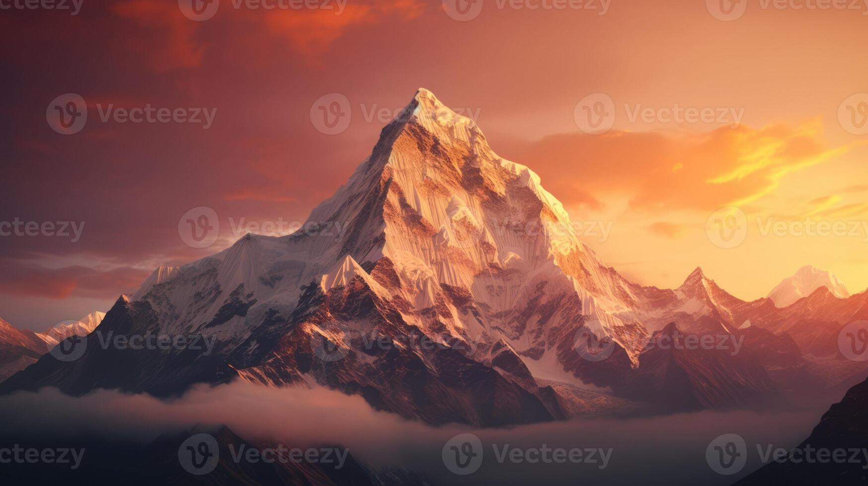Beautiful colorful sunset over the snowy mountain range. Neural network photo
