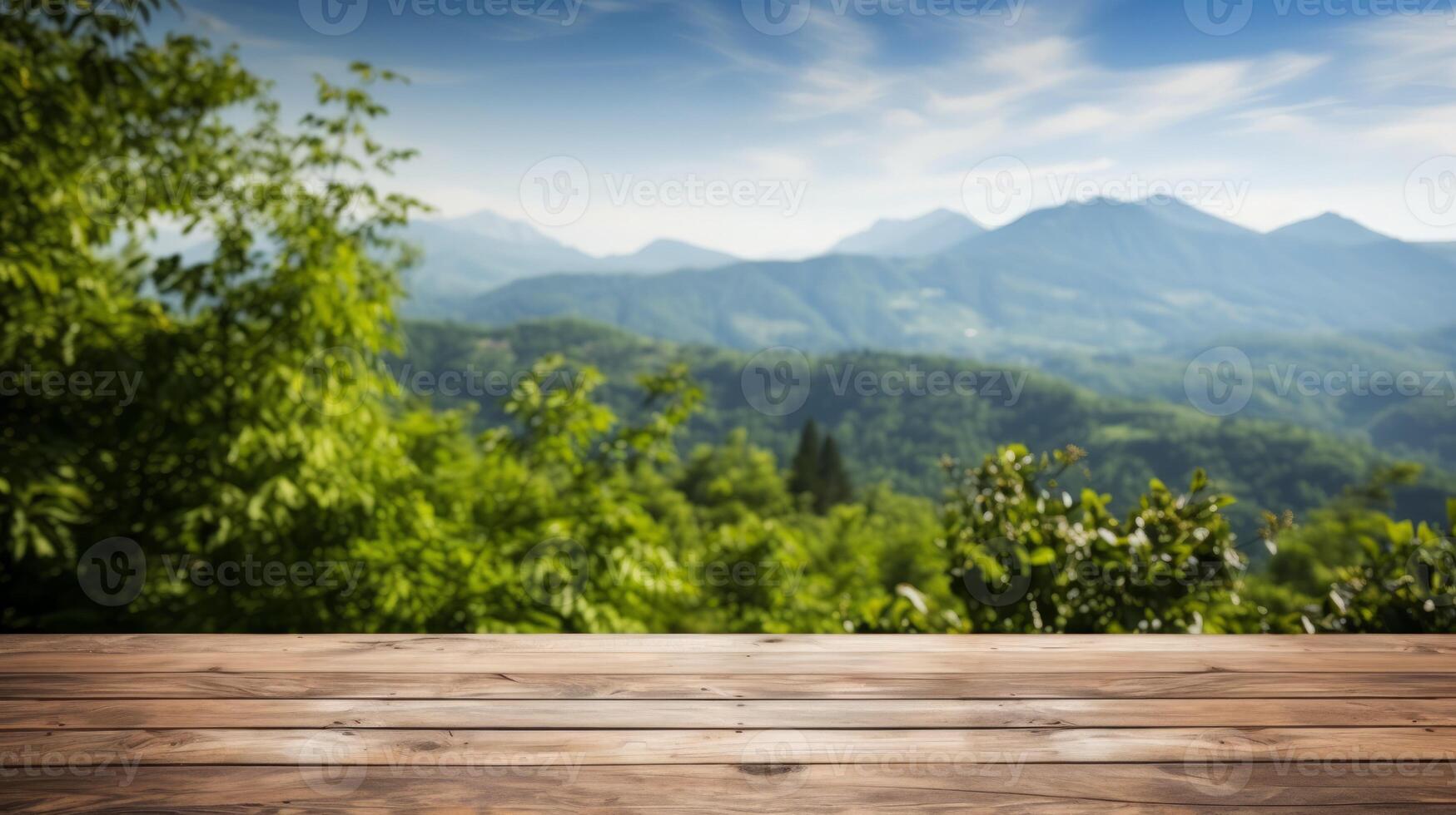 Empty wood table top with blur background of mountain and green nature. Neural network photo