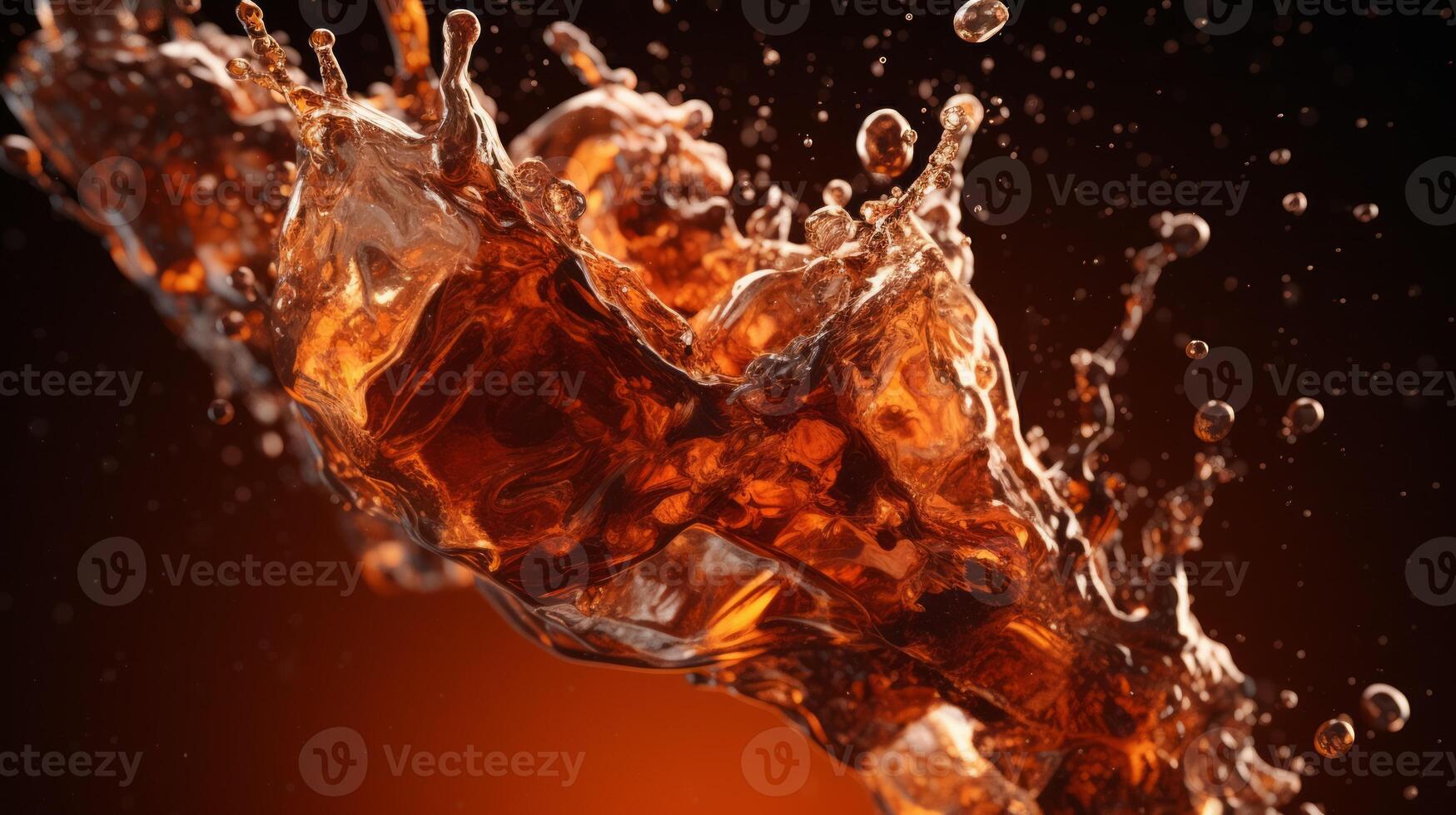 Cola drink brown splash on dark black background. Neural network photo