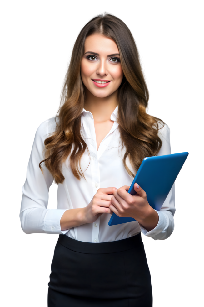 A beautiful young woman holding a tablet computer png