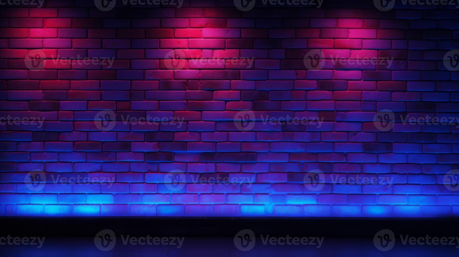 Brick Wall Background, Rough Concrete With Glowing Red Blue Lights. Neural network photo